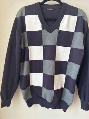 Mint Republic Colorblock Check V-Neck Knit Sweater XL Preppy Golf Dadcore